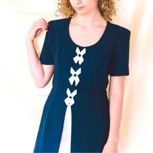 90’s Vintage Designer Black Cream Overlay Dress with Cream Bow Accents Sz 12